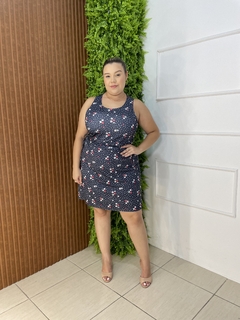 VESTIDO LIGANETE COM AJUSTE NA CINTURA FLORAL MARINHO