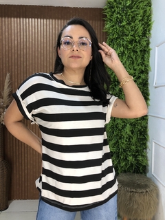 BLUSA COM BARRA ITALIANA LISTRADA PRETO