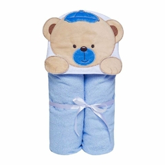 TOALHA DE BANHO FELPUDA BICHINHOS PAPI COM FORRO E CAPUZ BORDADO URSO AZUL