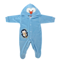 MACACÃO PLUSH BORDADO COM CAPUZ CELUI BABY PINGUIN AZUL