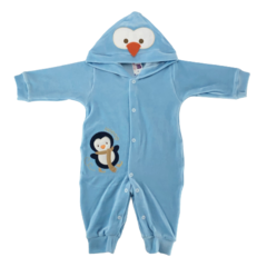 MACACÃO PLUSH BORDADO COM CAPUZ CELUI BABY PINGUIN AZUL - Guili Guili