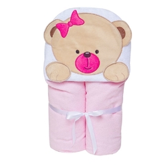 TOALHA DE BANHO FELPUDA BICHINHOS PAPI COM FORRO E CAPUZ BORDADO URSO ROSA