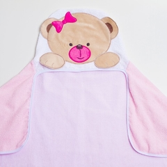 TOALHA DE BANHO FELPUDA BICHINHOS PAPI COM FORRO E CAPUZ BORDADO URSO ROSA - comprar online