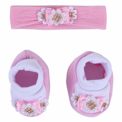 PANTUFA BEBÊ LAÇOS ELIAS PÉROLAS COM FAIXA ROSA