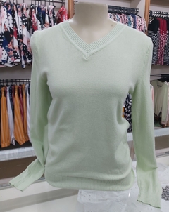 Blusa tricot gola V verde água