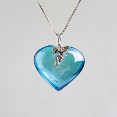 Aqua Aura Heart With Silver Angel Pendants