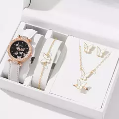 CONJUNTO RELOJ MALLA LISA + ACCESORIOS MARIPOSA -BLANCO