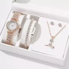 CONJUNTO RELOJ + ACCESORIOS - ROSÉ CON STRASS PLATEADO