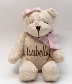 Urso de pelúcia com nome bordado á mão laço rosa - comprar online