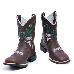 Bota Botina Texana Feminina em Couro Bordado Cactos Forma Bico Quadrado - Django Boots - Botas Country em Couro com Frete Grátis para todo o Brasil 