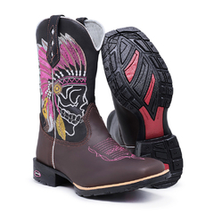 Bota Botina Texana em Couro Bordado Índio Caveira Sola Borracha Bico Quadrado - Django Boots - Botas Country em Couro com Frete Grátis para todo o Brasil 