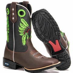 Bota Botina Texana em Couro Bordado Índio Verde Forma Bico Quadrado - Django Boots - Botas Country em Couro com Frete Grátis para todo o Brasil 