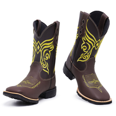 Bota Botina Texana em Couro Bordado Asa Amarela Sola de Borracha - Django Boots - Botas Country em Couro com Frete Grátis para todo o Brasil 