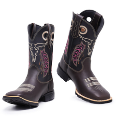 Bota Botina Texana em Couro Bordado Boi Flores Bege/Rosa Sola de Borracha - Django Boots - Botas Country em Couro com Frete Grátis para todo o Brasil 