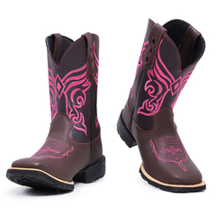 Bota Botina Texana em Couro Bordado Asa Rosa Sola de Borracha - Django Boots - Botas Country em Couro com Frete Grátis para todo o Brasil 