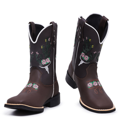 Bota Botina Texana em Couro Bordado Cactos Verde Rosa Sola de Borracha - Django Boots - Botas Country em Couro com Frete Grátis para todo o Brasil 