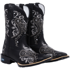 Bota Texana Feminina Couro Bordada Flores Negras Preta - comprar online