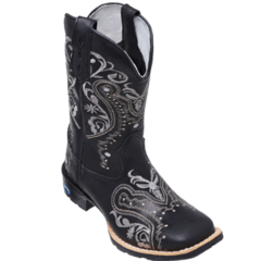 Bota Texana Feminina Couro Bordada Flores Negras Preta - comprar online