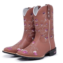 Bota Botina Texana Feminina em Couro Bordado Flores Forma Bico Quadrado - comprar online