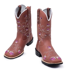 Bota Botina Texana Feminina em Couro Bordado Flores Forma Bico Quadrado - Django Boots - Botas Country em Couro com Frete Grátis para todo o Brasil 