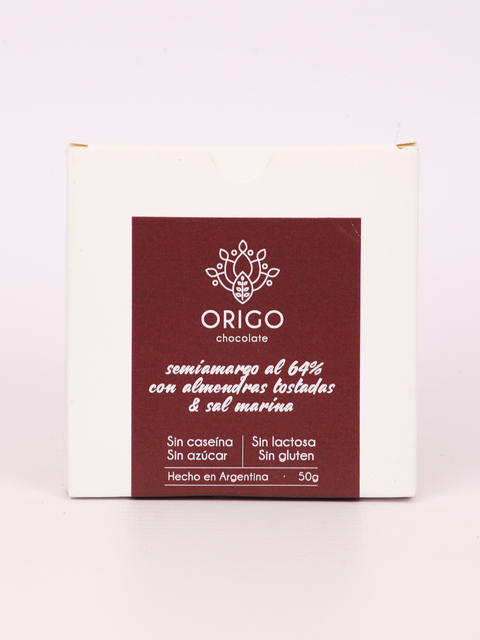 CHOCOLATE SEMIAMARGO VEGANO 64% ALMENDRAS SAL MARINA 50GR ORIGO