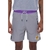 Shorts de vôlei da NBA, Los Angeles Lakers, em cinza com detalhes em roxo, apresentando o logo da equipe.