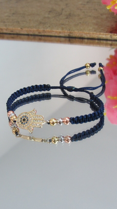 Pulsera mano hamsa grande en azul oscuro