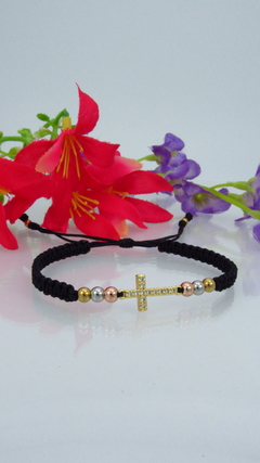 Pulsera cruz piedras en negro