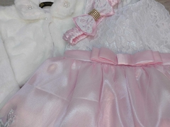 Vestido Festa Renda Estruturada Realeza Luxo Rosa + faixa de cabelo+ Bolero de pele na internet