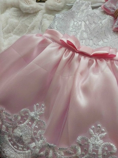 Vestido Festa Renda Estruturada Realeza Luxo Rosa + faixa de cabelo+ Bolero de pele - RANNA BEBÊ
