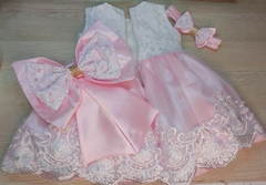 Vestido Festa Renda Estruturada Realeza Luxo Rosa + faixa de cabelo+ Bolero de pele - loja online