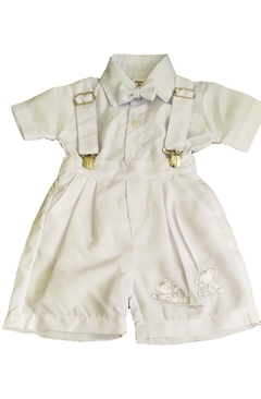 Conjunto 4 Peças Bermuda Branca Camisa Branca Bebê Social Festa Batizado Gravata Suspensorio