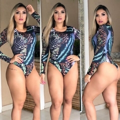 Body Manga Longa Básico Onça Folha Verde