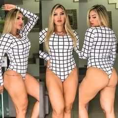 Body Manga Longa Básico Quadriculado Branco