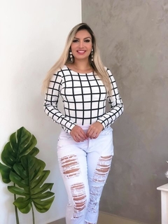 Body Manga Longa Básico Quadriculado Branco - comprar online