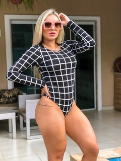 Body Manga Longa Básico Quadriculado Preto - Ímpeto Modas