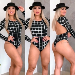 Body Manga Longa Decote nas Costas Quadriculado Preto