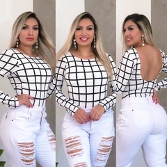 Body Manga Longa Elástico Nas Costas Quadriculado Branco