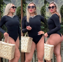 Body Manga Longa Preto com Elástico nas Costas