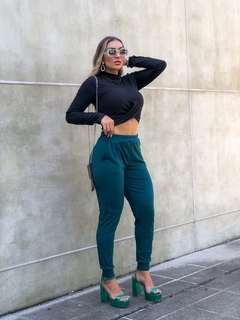 Calça Canelada Com Elástico No Cós e Bolso Verde Jade - loja online