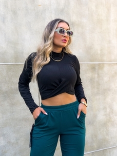 Calça Canelada Com Elástico No Cós e Bolso Verde Jade