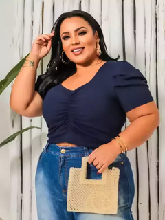 Cropped Plus Size Manga Princesa Azul Marinho