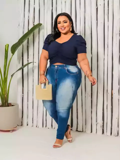 Cropped Plus Size Manga Princesa Azul Marinho - Ímpeto Modas