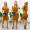 Vestido Curto Canelado Ombro a Ombro Com Manguinha Caramelo