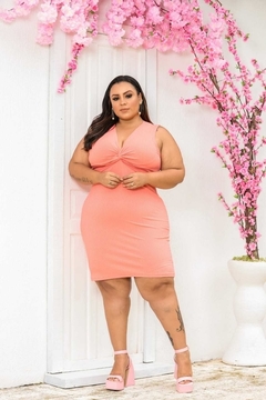 Vestido Midi Canelado Nozinho Plus Size Acerola - Ímpeto Modas