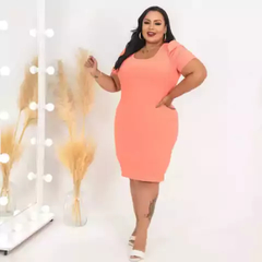 Vestido Midi Canelado Manga Bufante Plus Size Acerola na internet