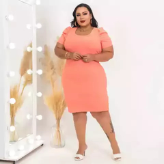 Vestido Midi Canelado Manga Bufante Plus Size Acerola - Ímpeto Modas