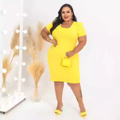 Vestido Midi Canelado Manga Bufante Plus Size Amarelo - comprar online