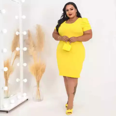 Vestido Midi Canelado Manga Bufante Plus Size Amarelo na internet