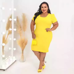 Vestido Midi Canelado Manga Bufante Plus Size Amarelo - Ímpeto Modas